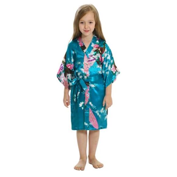Girls Satin Robe Size 12 Tropical Blue Peacock Floral Print Short Sleeve Belted - Picture 1 of 13